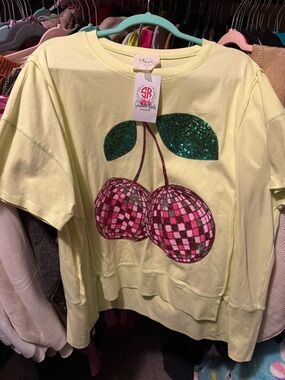 Fantastic Fawn Lime Green Sequin Cherry Sweatshirt